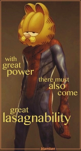 Andrew Garfield in costume as Spider-Man, mask in hand, with his head replaced by that of Garfield the cat and text reading 'With great power there must also come great lasagnability' [sic: luh-zan-ya-bil-it-ee]