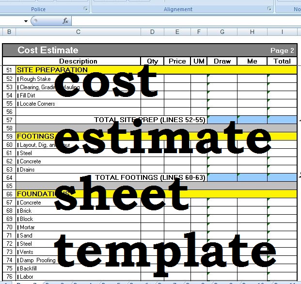 Cost Estimate Sheet Template For Construction Civil Engineering Program