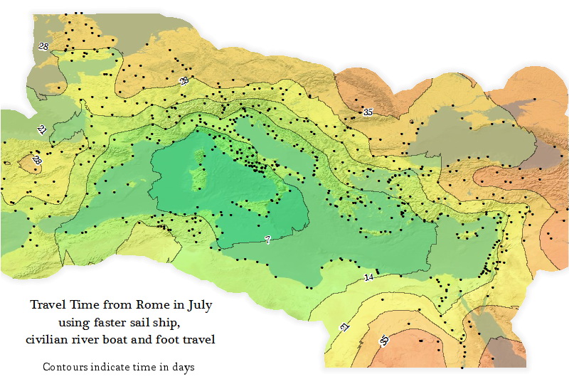 Travel times when departing from Rome in the Roman Empire