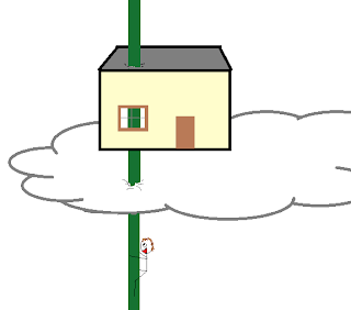 A huge blade of grass, poking through the house and pushing it onto a cloud.  Smiling stick figure climbs up the blade.