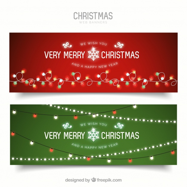 Merry christmas banners with lights Free Vector
