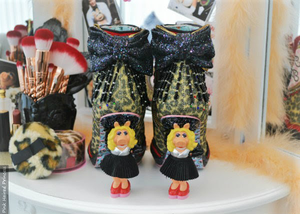 Irregular Choice Disney Muppets Fierce Piggy boots back view back view of Miss Piggy character heel ankle boots on vanity table