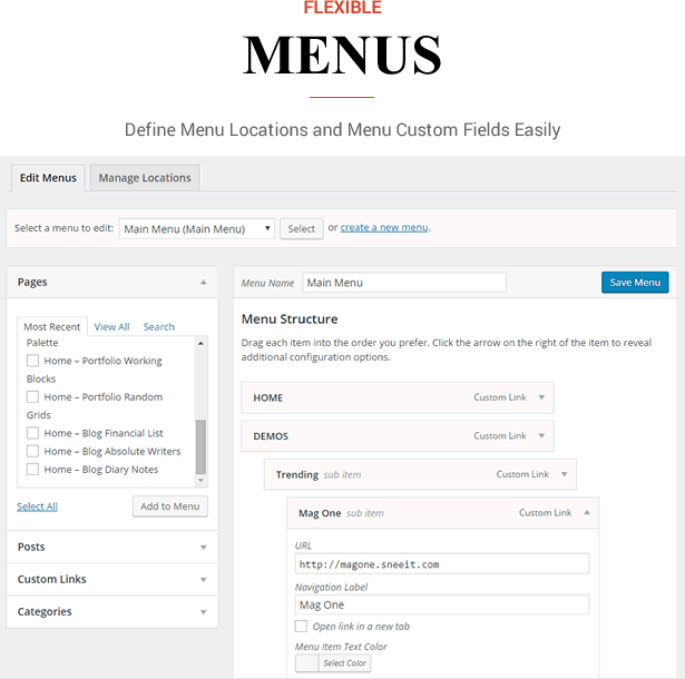 Sneeit Framework Plugin - Back-End for WordPress Themes - Menu Locations and Custom Fields