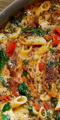 Chicken Pasta With Bacon And Spinach In Creamy Tomato Sauce