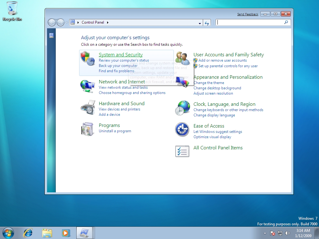 Action Center lists important messages about security and maintenance