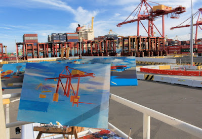 plein air oil painting by artist Jane Bennett of the last non automated straddle cranes operating at Patrick Terminal Port Botany