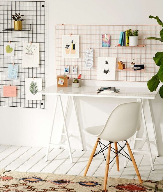 Home office Grade como painel de recados Decoração e Ideias