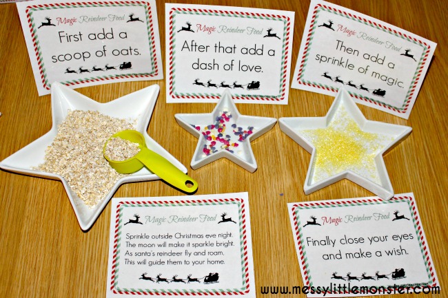 Free printable magic reindeer food poem and signs. Use the labels to set up a magical Christmas activity for kids. A fun idea for Christmas eve for toddlers, preschoolers and older kids. 