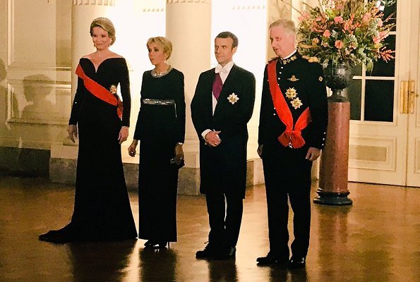 Queen Mathilde, President Emmanuel Macron, Brigitte Macron, Princess Astrid and Princess Claire diamond tiara, wore Armani dress
