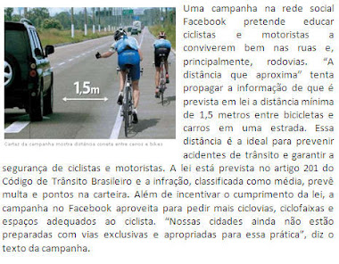 Campanha no Facebook incentiva distância entre carros e ciclistas