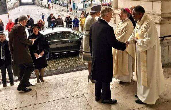 Queen Mathilde, Princess Maria Esmeralda and Princess Lea of Belgium attend the annual celebration of the Eucharist at the Our Lady Church in Laeken