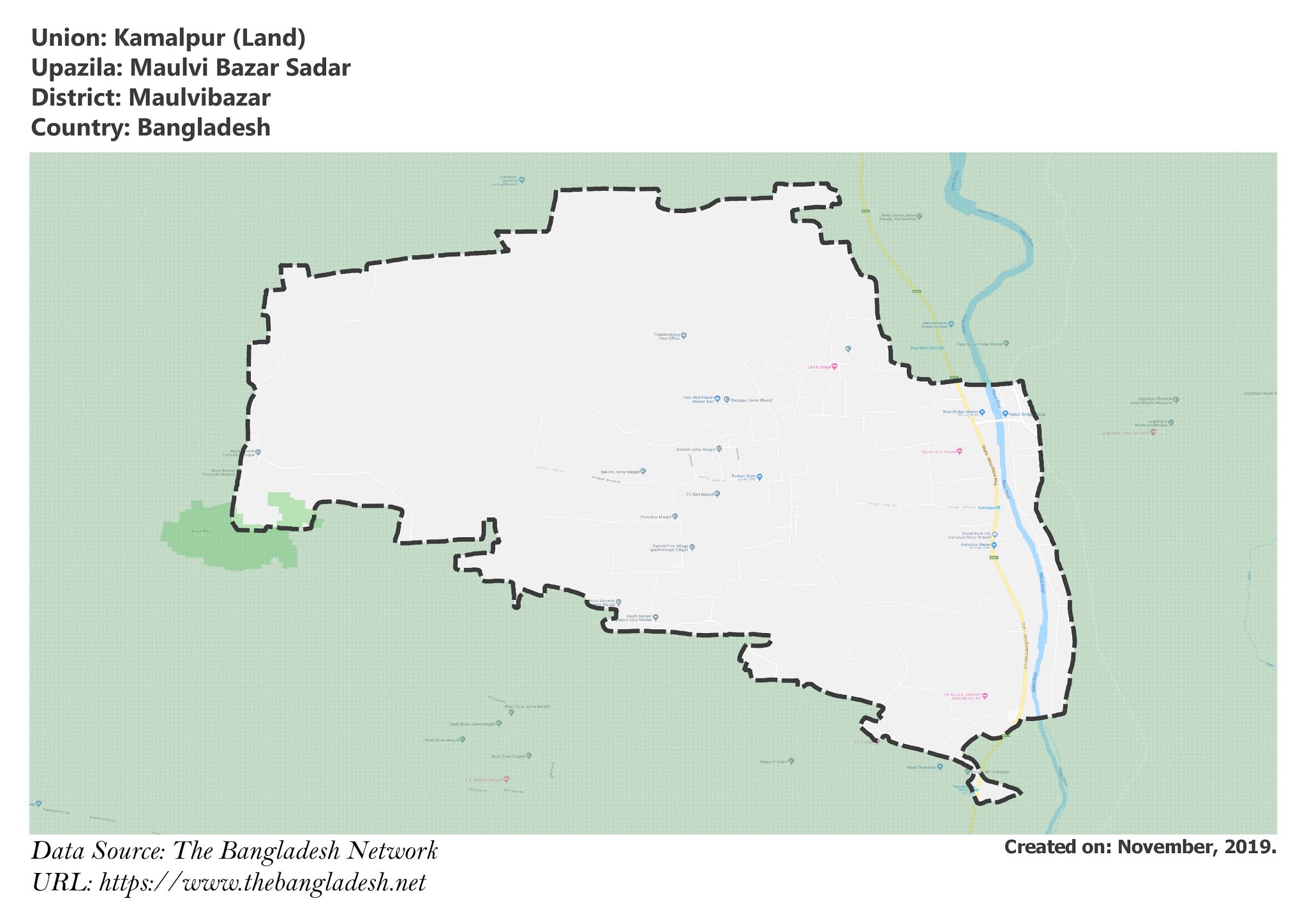 Map of Kamalpur of Maulvibazar, Bangladesh.