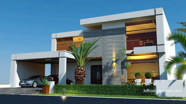  3D  Front Elevation com Beautiful Contemporary  House  