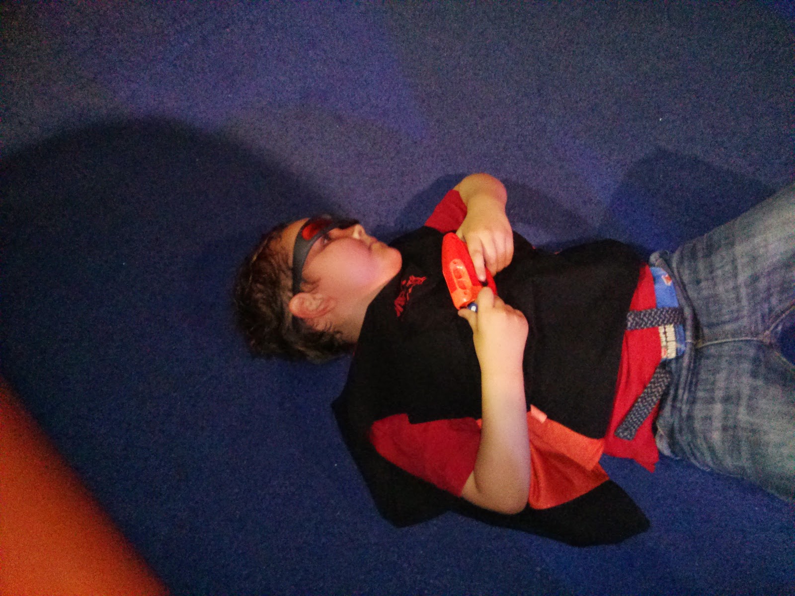 Big Boy hiding out on the floor at the Nerf Party Gullivers Land Milton Keynes