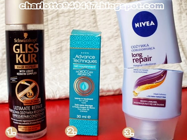 Zużyte produkty do włosów Gliss Kur, Avon, Nivea Long Repair
