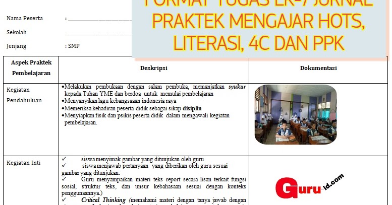 Contoh LK7 Jurnal Praktek Mengajar Guru k13 Hots, 4c, Literasi, PPK Contoh LK7 Jurnal Praktek Mengajar Guru k13 Hots, 4c, Literasi, PPK