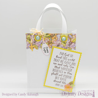 Divinity Designs Stamp Sets:  John 3:16,  Festive Favors, Festive Favors Tag Sentiments  Custom Dies:  Card Caddy & Gift Bag, Gift Bag Handles & Topper, Scalloped Rectangles, Rectangles, Festive Favors (tag)  Embossing Folder Die/Duo:  Cross  Paper Collection: Spring Flowers 2019