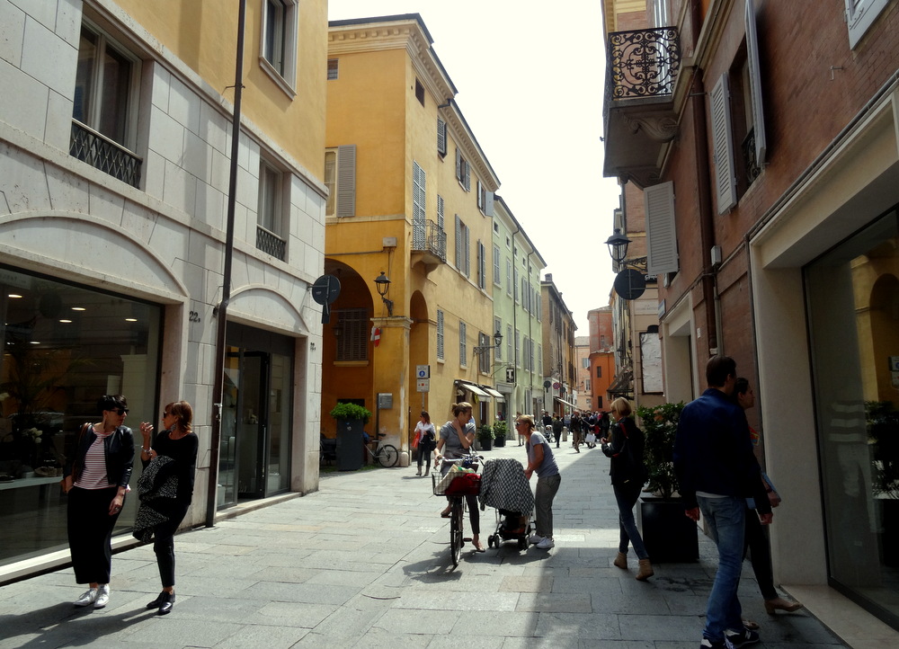 Modena, Italy Via del Taglio Shopping Street and Travel Souvenirs