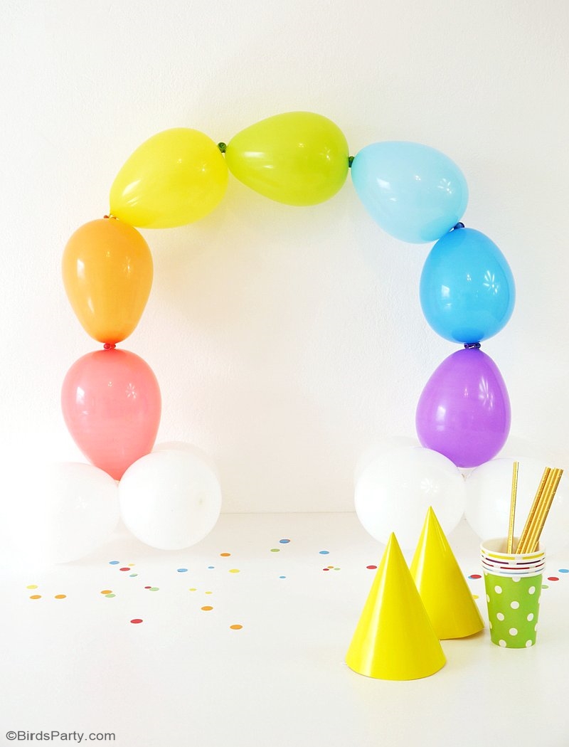 DIY Easy Rainbow Balloon Arch - make this party decor for your Saint Patrick's Day celebration or birthday, without the need for helium or wire frames! | BirdsParty.com