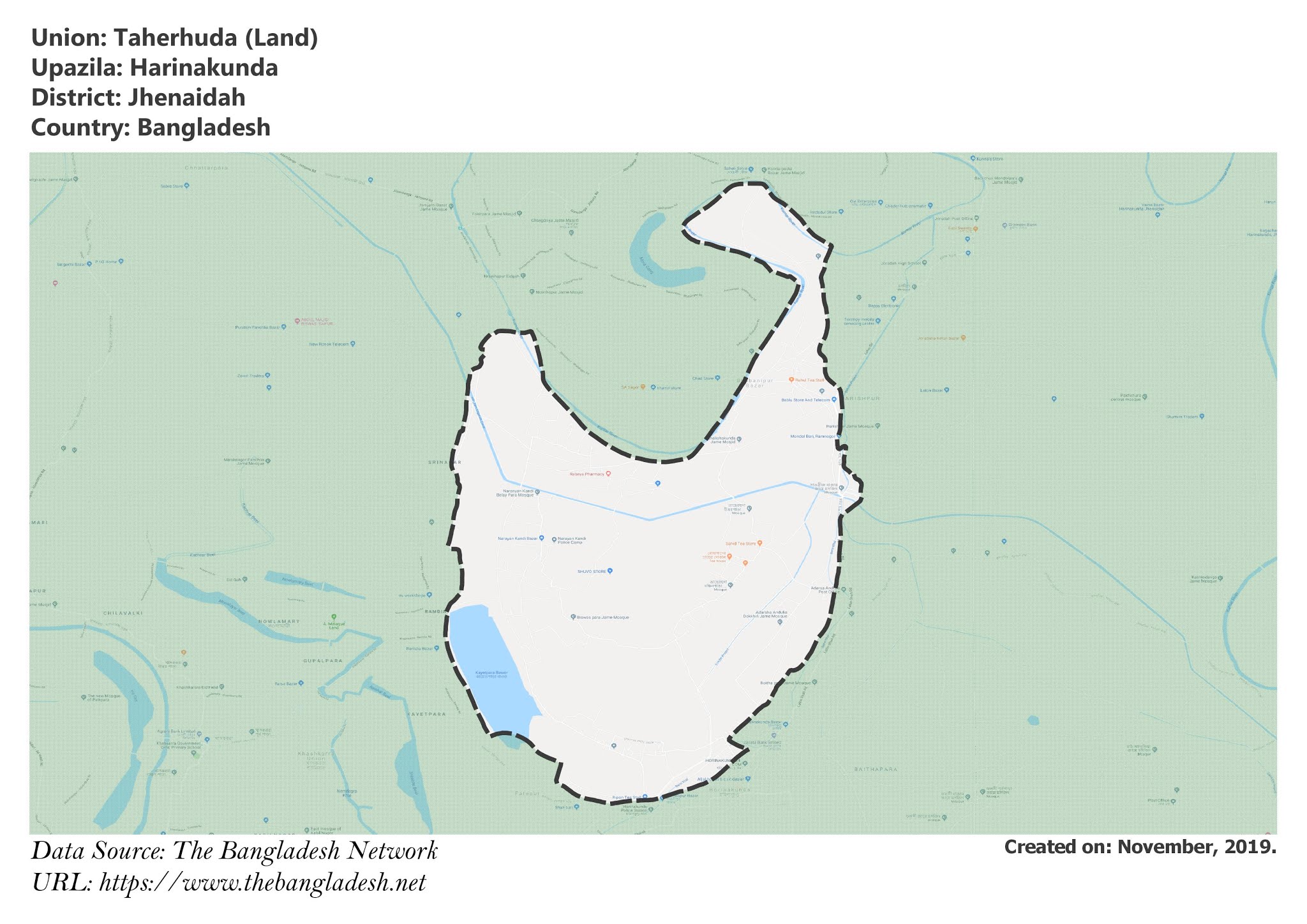 Map of Taherhuda of Jhenaidah, Bangladesh.