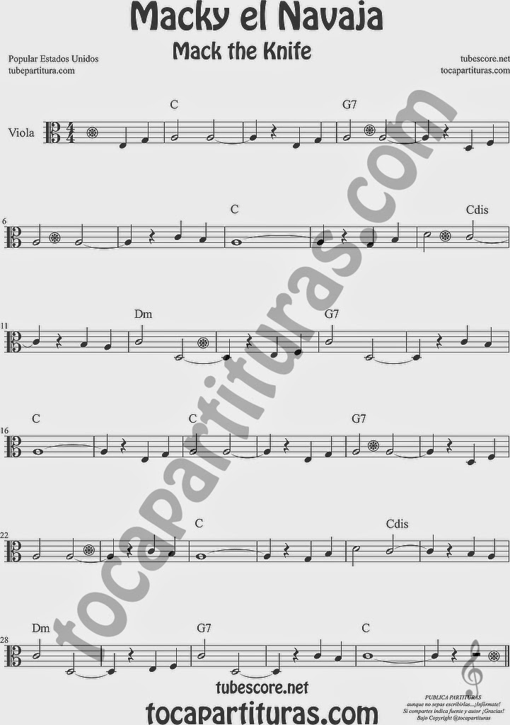  Macky el Navaja Partitura de Viola Sheet Music for Viola Music Score Mack the Knife