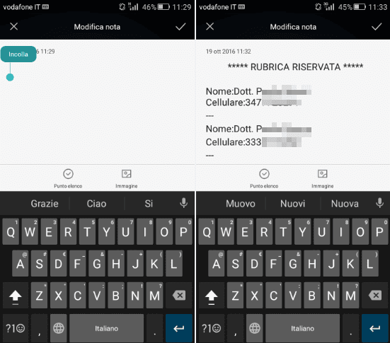 Incollare contatti condivisi in Blocco note Android