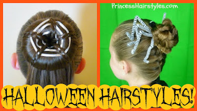 2 spider hairstyles for Halloween. Spider web bun and braided spider.