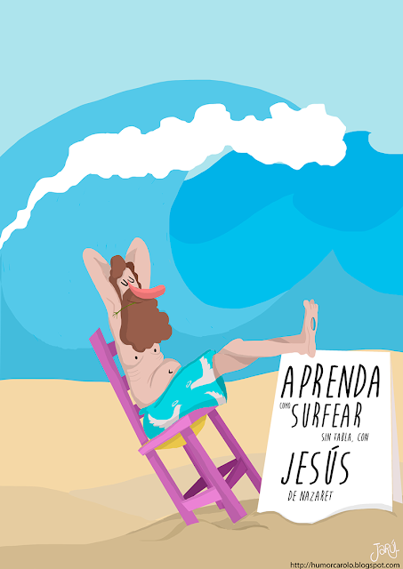Jarúl, Humor Gráfico, Humor Carolo, dominicano, ilustración, Jesús en la playa, Jesús surfeando