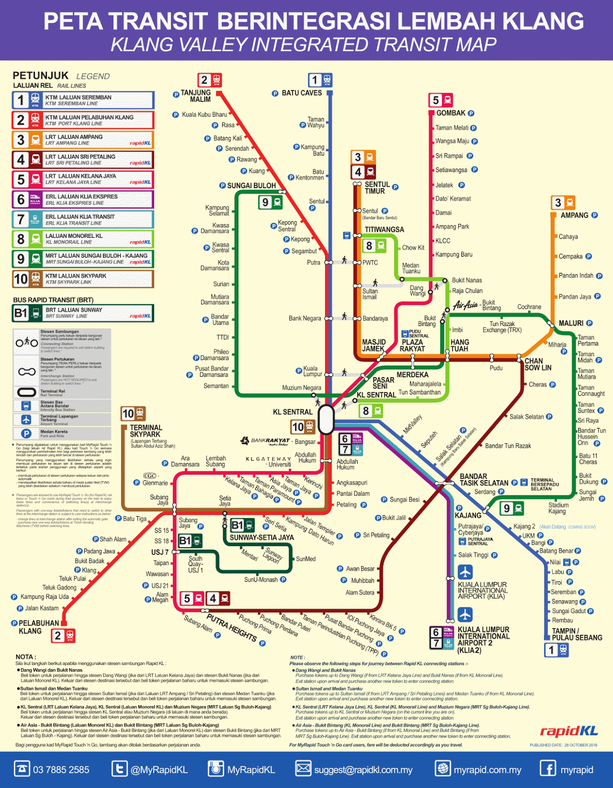 Peta Laluan & Senarai Stesen LRT, Monorel, MRT, ERL dan KTM Komuter