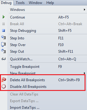 disable all breakpoints in ssms