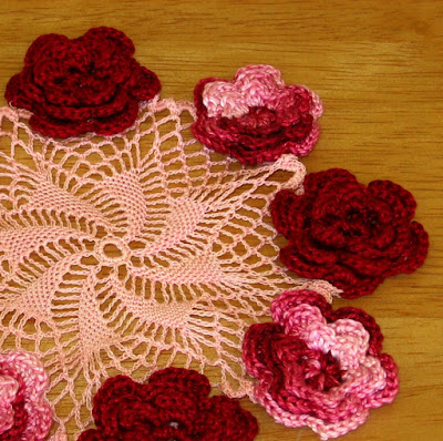  3D Roses Doily - Red Roses on Pink Whirl - Handmade By RSS Designs In Fiber