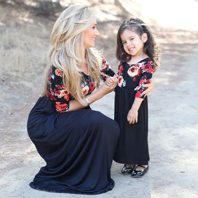 Mom Girl Flower Prints Color Block Ankle-Length Matching Dress