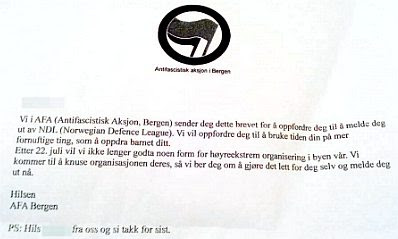 Threatening letter to the NDL from AFA Bergen