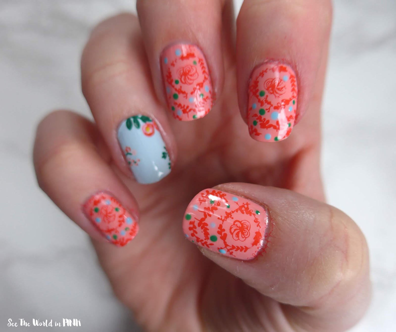 Manicure Monday - Eclectic Coral Stamped Floral Nails