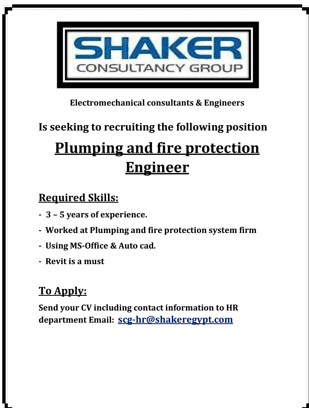 JOBS FOR ALL Plumping and fire protection Engineer
