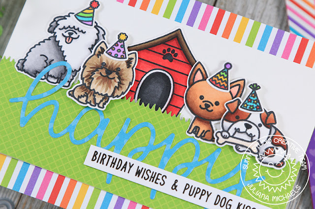 Sunny Studio Stamps: Puppy Dog Kisses Party Pups Happy Word Die Birthday Cards by Juliana Michaels