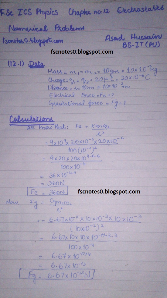 F.Sc ICS Notes: Physics XII: Chapter 12 Electrostatics Numerical Problems