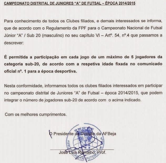 Nota Informativa: CD Juniores "A" Futsal