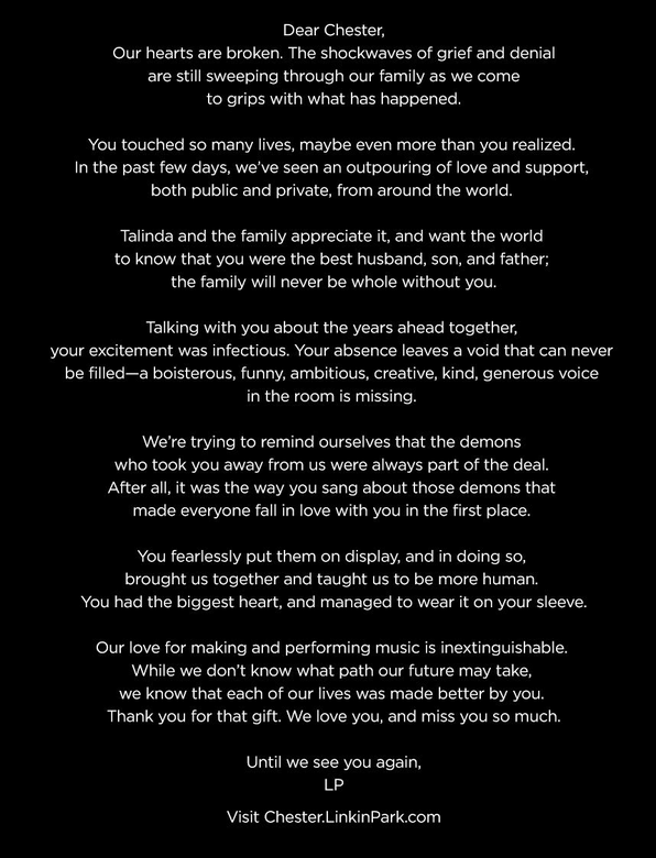 linkin park writes chester bennington a sad open goodbye saddest love letter