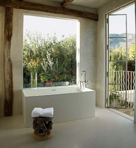 Bathing room open to garden and ocean view in Malibu, Richard Shapiro residence, image via Architectural Digest, as seen on linenandlavender.net