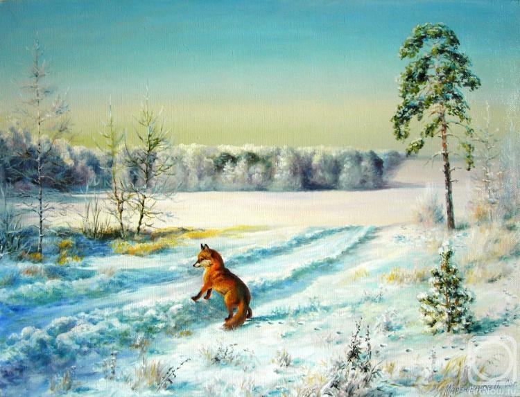 По алмазной скатерти снегов пробегают легкие ласки. Пейзаж Маренников. Картина пробегающий пейзаж.