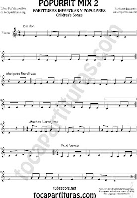 Mix 2 Partituras de Flauta flauta dulce y/o de pico Popurrí Mix 2 Din Don, Mariposa Revoltosa, Muchas Naranjitas Sheet Music for flute and Recorder Music Score 