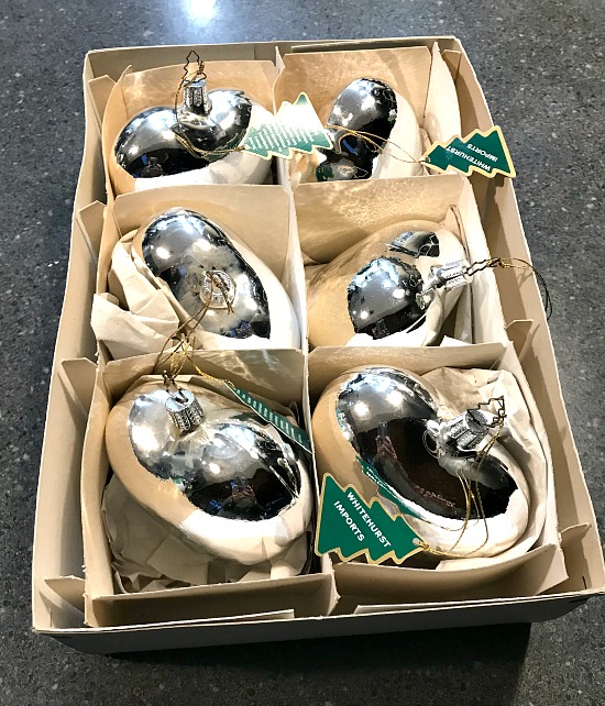 box of silver heart ornaments