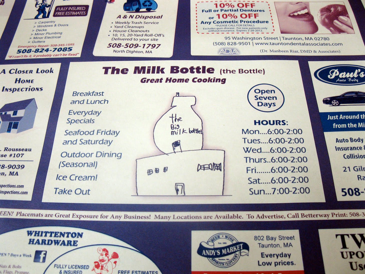 Eccentric Roadside Milk Bottle Raynham MA Hours Menu