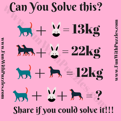 A+B = 13kg, 2C + B =22kg, A+C=12kg, Then A+B+C=?. Can you solve this Easy Math Puzzle Question for Kids?