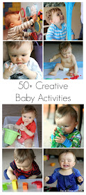 Over 50 ways to entertain your baby!   Creative ideas for first art projects and TONS of ideas for edible (taste-safe) sensory play from Fun at Home with Kids