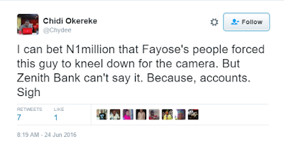 9 Nigerian twitter users react to photos of a Zenith Bank staff kneeling before Fayose