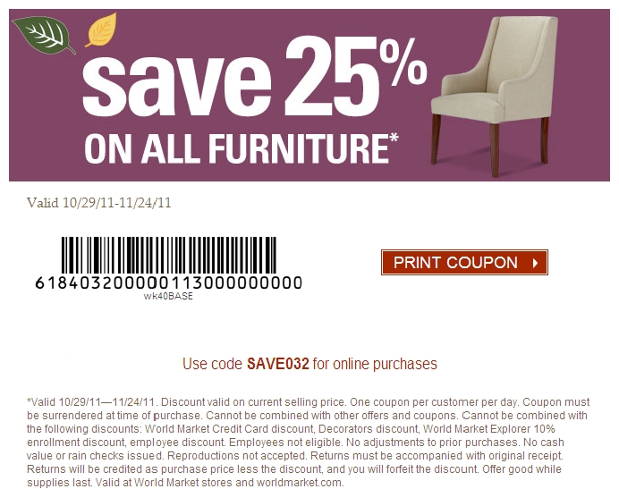 World Market Coupon - 25% off All Furniture
