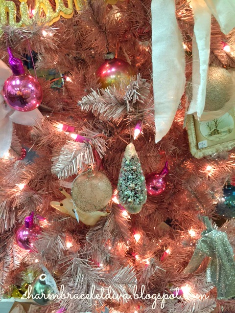 pink Christmas tree with vintage ornaments