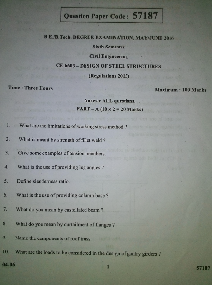 Ce6603 Design Of Steel Structures May June 2016 Question Paper